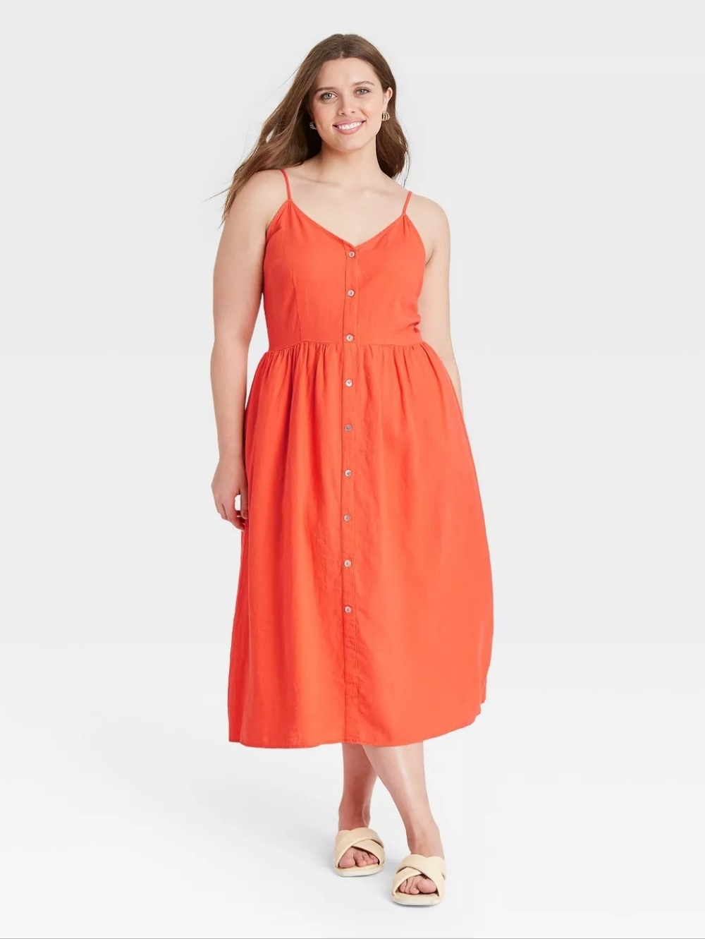 Women's Linen Blend Button Through Midi Dress‎ Size L Euro Summer Resortwear